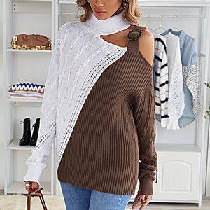 Brown Turtleneck Cold Shoulder Sweater